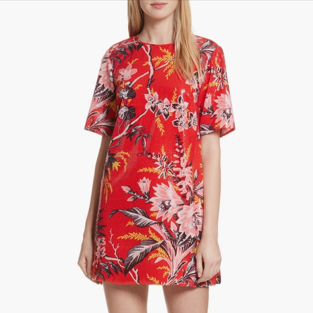 DVF Diane Von Furstenberg Sequin Fluid Mini Shift Dress Avonlon Poppy 0 XS Small